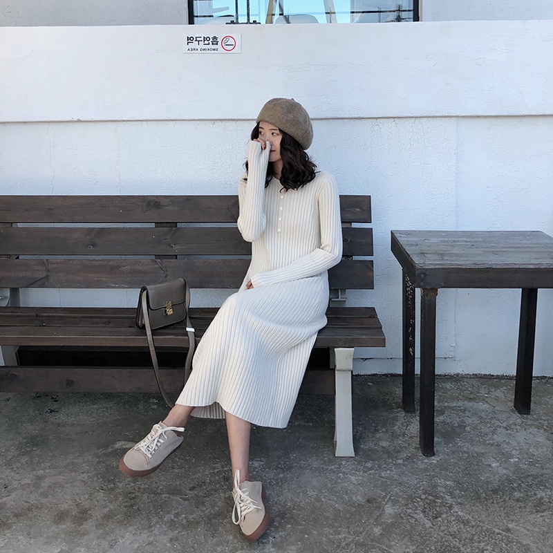 Đầm SUXI dệt kim tay dài cổ tròn ôm dáng vừa vặn phong cách vintage thời trang mùa thu thường ngày dành cho nữ