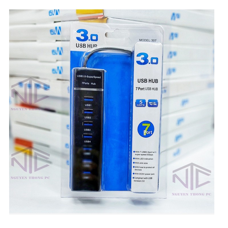 Bộ chia 7 cổng  usb 3.0 superspeed 5GBPS dây dài 1m2 đen có đèn led cho laptop PC