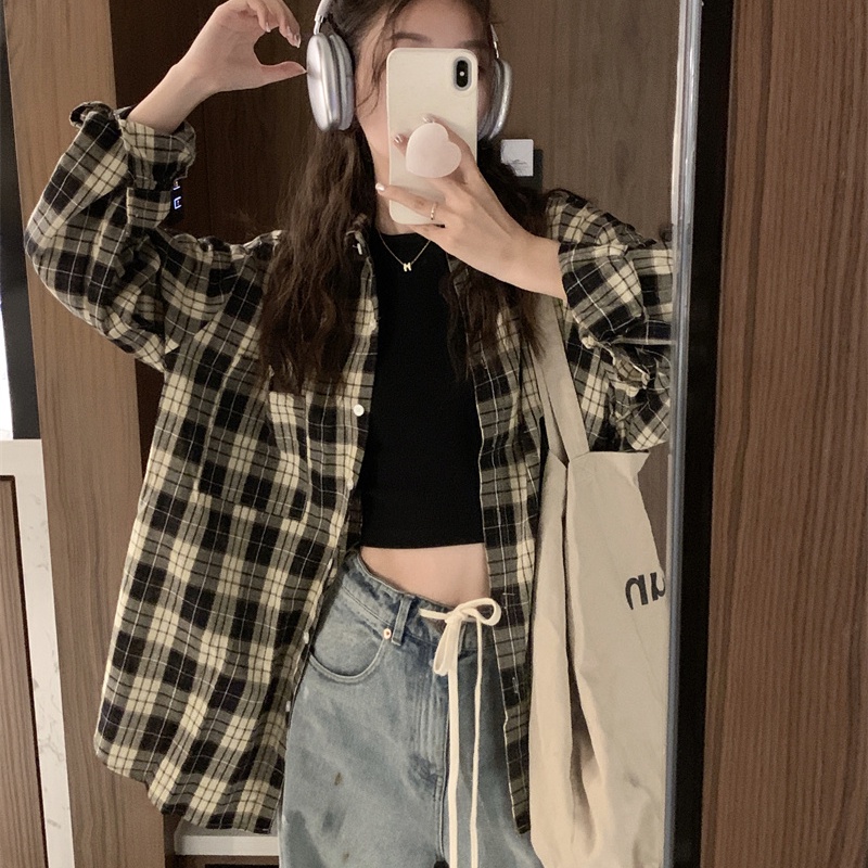 Áo sơ mi SUXI tay dài họa tiết ca rô thời trang dành cho nữ