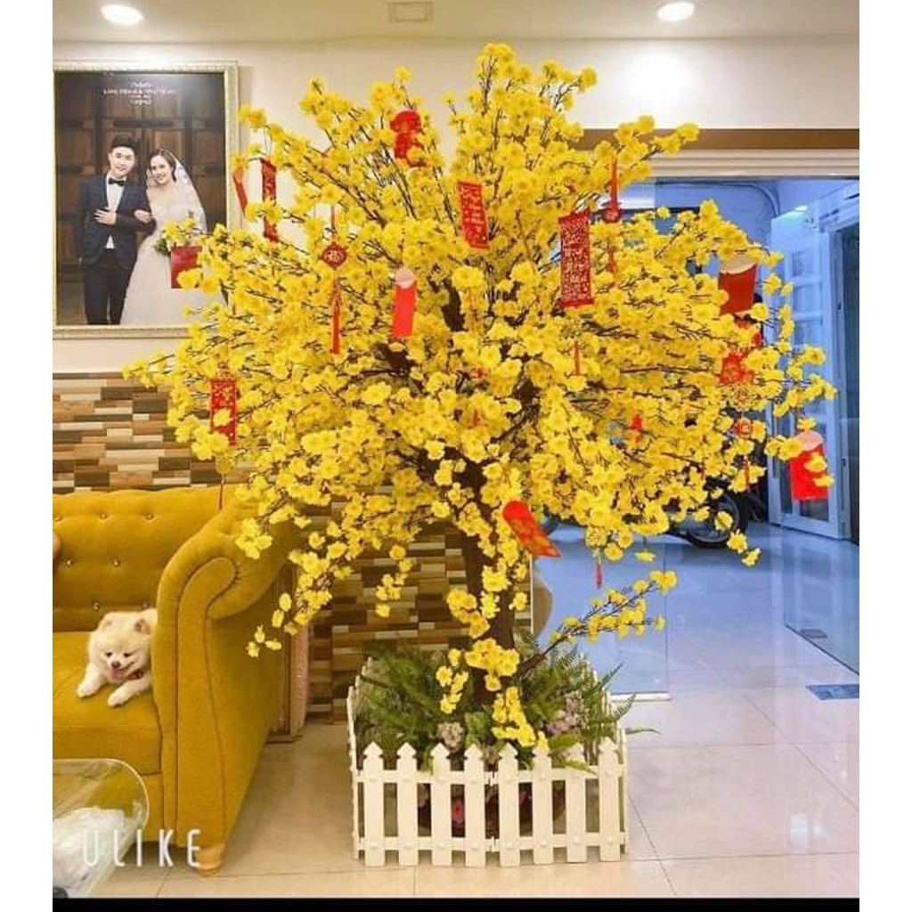 Hoa giả hoa lụa cành hoa đào, hoa mai trang trí tết dài 1m