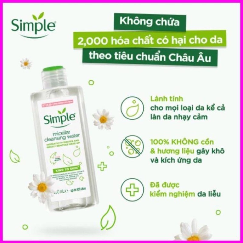 Nước tẩy trang Simple Micellar làm sạch trang điểm vượt trội - không chứa cồn gây khô rát 200ml