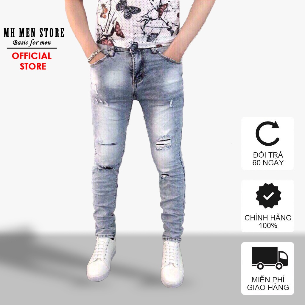 Quần jean nam co giãn 4 chiều,quần bò nam màu xám rách gối,form slim fit,ống côn dáng ôm phong cách