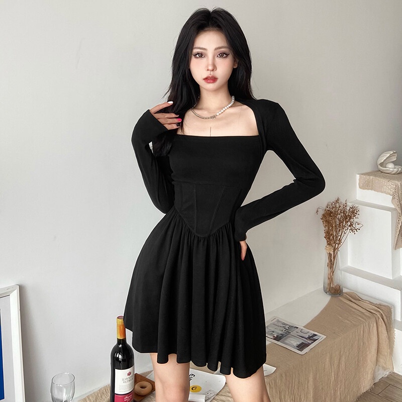 Weird Puss Đầm dáng chữ A tay dài cổ vuông ôm eo phong cách vintage thanh lịch dành cho nữ