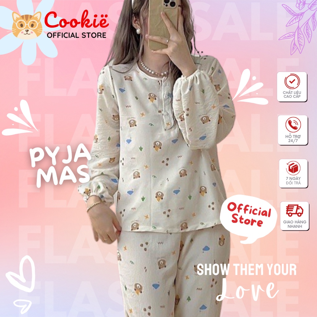 Đồ Ngủ Nữ Pyjama Chất Đũi Xốp Hàn Đẹp, Bộ Mặc Nhà Dễ Thương Cổ Trụ Tay Dài Bo Chun, Quần Dài Xinh Xắn PYXOX