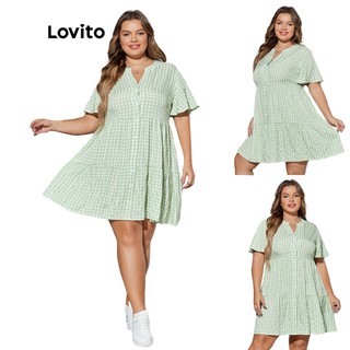 Đầm Lovito plus size họa tiết caro có nút trước hai lớp xếp nếp cho nữ LPS05024 (xanh lá nhạt)