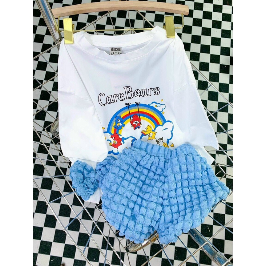Đồ bộ nữ có áo thun đính nơ thêu chữ cầu vòng kèm quần đùi 2 màu cực đẹp cho cô nàng năng động oa