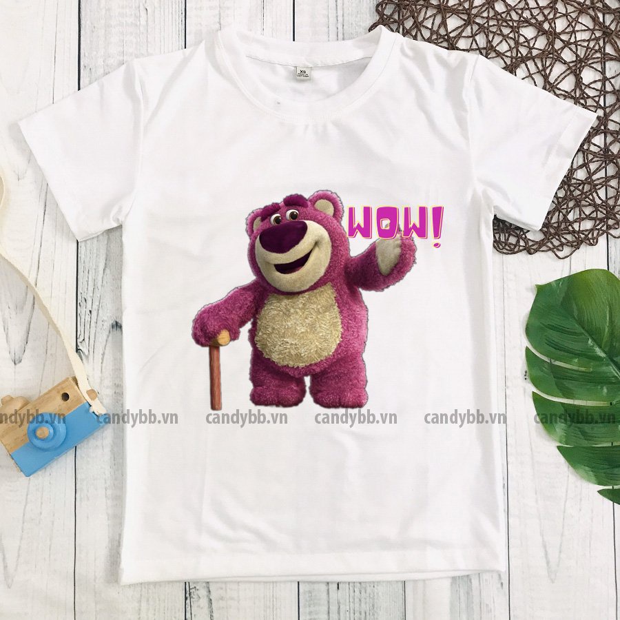 Áo thun trắng cho bé hình gấu bông dâu Lotso strawberry bear, áo phông bé trai bé gái cổ tròn mềm mịn size từ 10 - 65kg