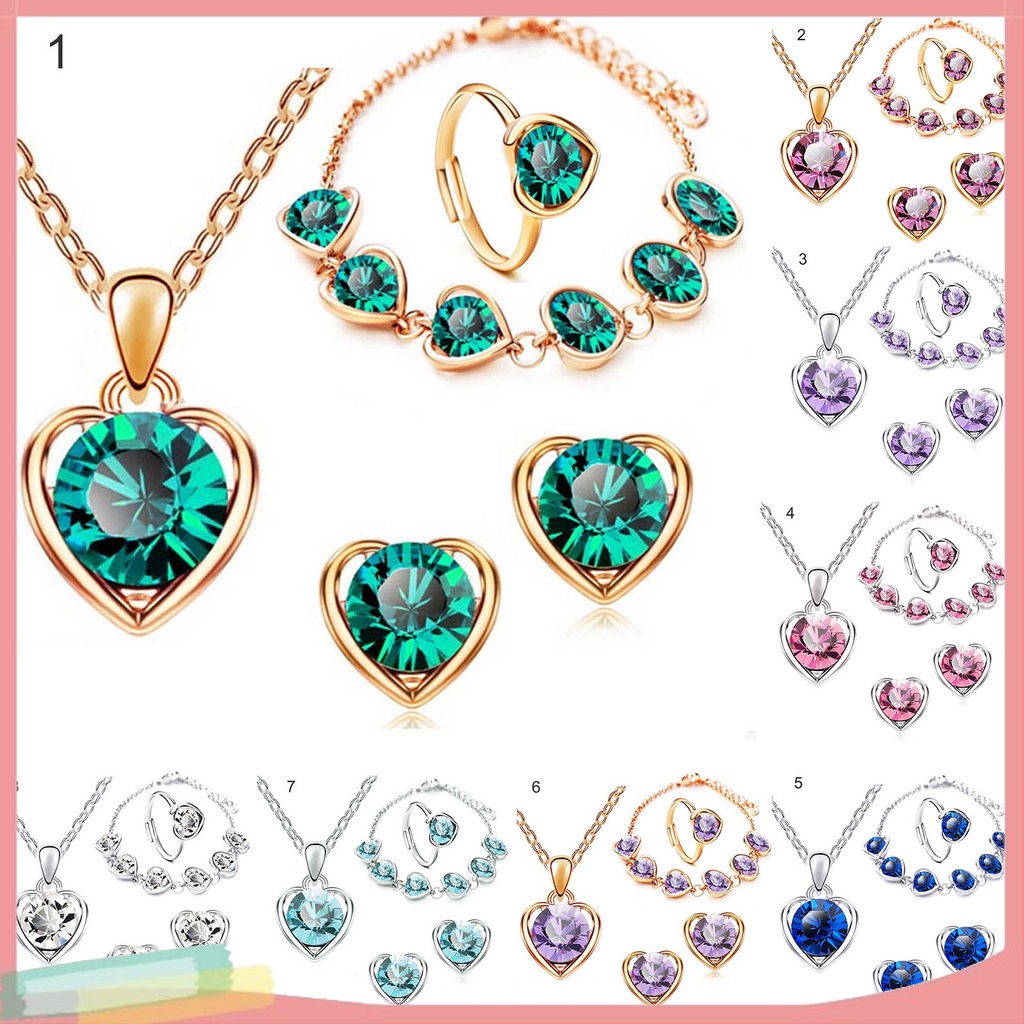 Bộ Trang Sức 4 Món Mặt Trái Tim Đính Đá Thời Trang Dành Cho Nữ