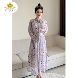 Đầm Hoa Tay Dài Thiết Kế Molina Thắt Nơ Cổ Dáng Xòe Dài Hai Lớp Chất Lụa Mềm Mịn