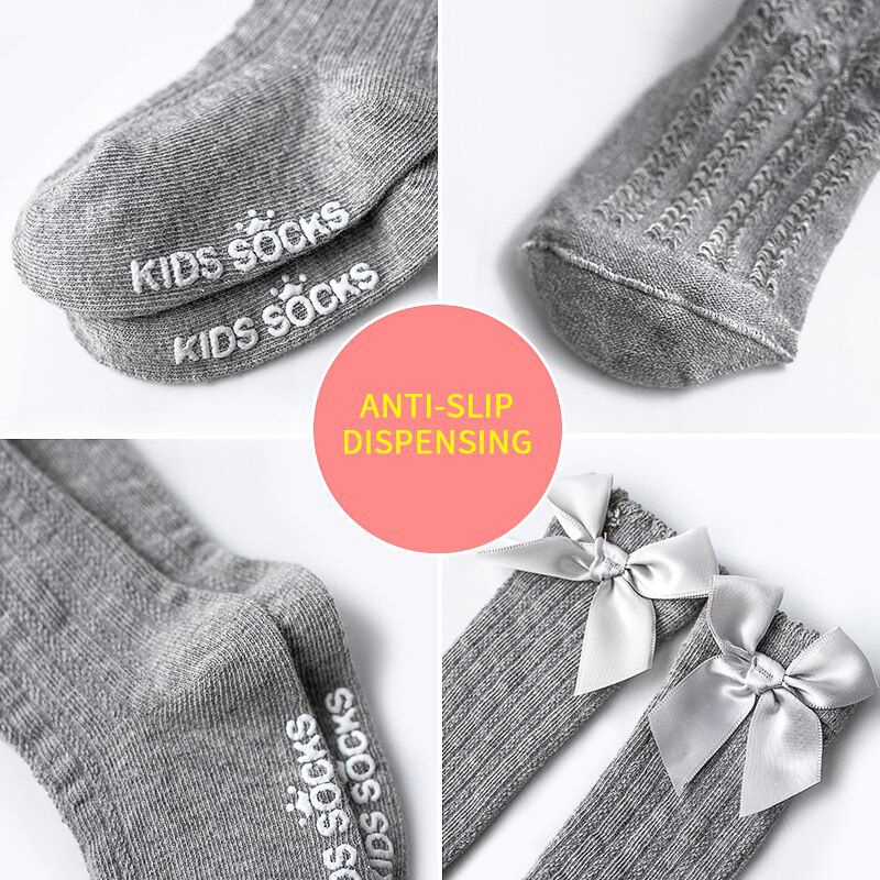 Tất, vớ cổ dài thu đông đính nơ chống trượt co giãn phong cách Hàn Quốc cho bé gái TTE24