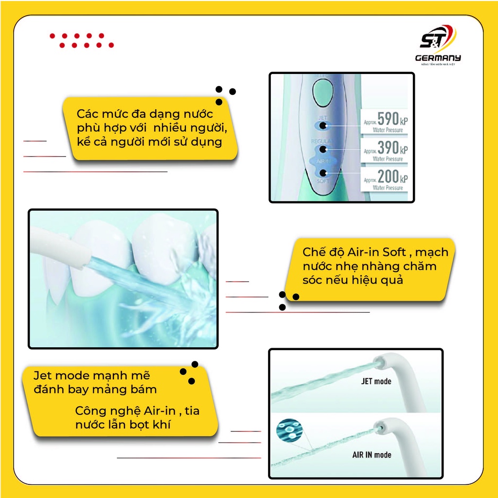 Tăm nước Panasonic, máy tăm nước chính hãng cao cấp giúp xỉa răng sạch và mát xa nướu nhẹ nhàng EW1211 GSTBeauty 0360005
