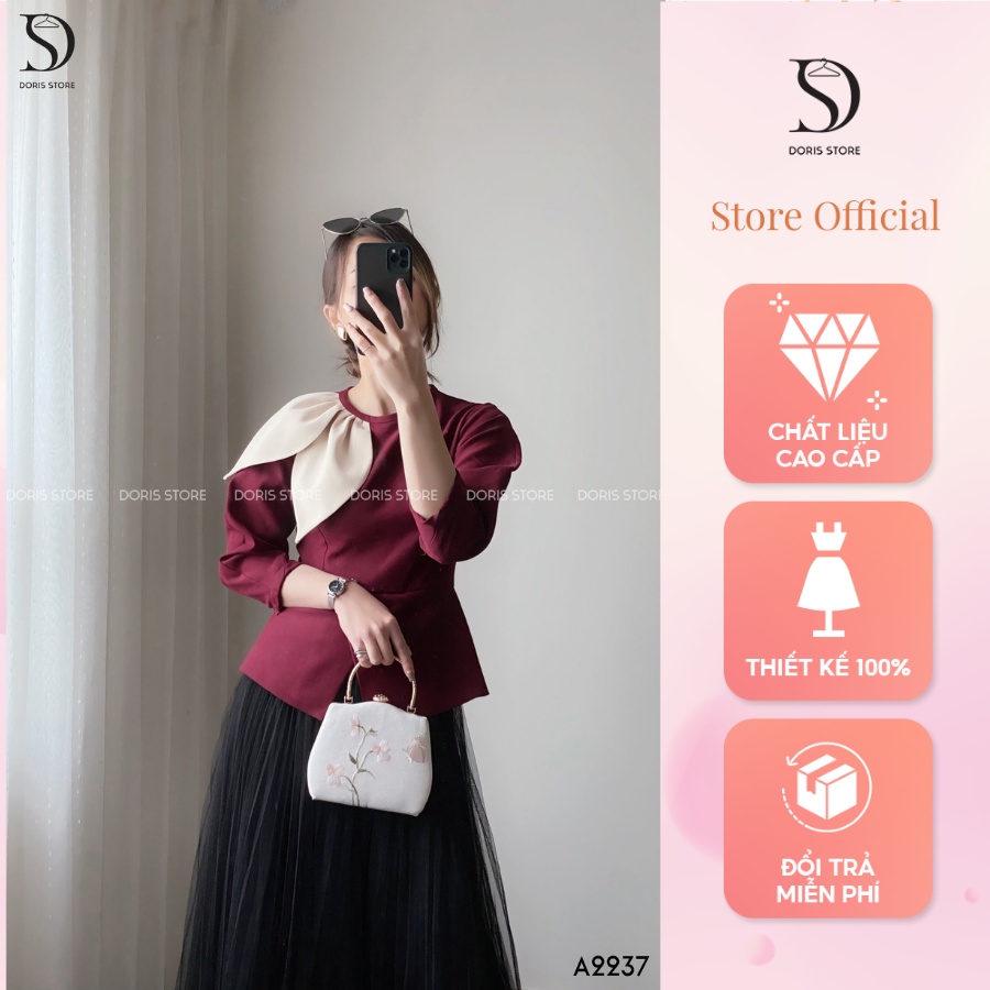 Áo sơ mi đính nơ tay dài DORIS, thiết kế dáng tay phồng phối nơ cổ chất liệu cao cấp A2237