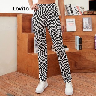 Quần Lovito ống suông kẻ sọc caro in họa tiết Houndstooth L16D219 (màu đen)