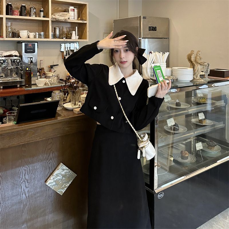 Bộ Áo Khoác Tay Dài Cổ Búp Bê + Chân Váy Dài Thời Trang Thu Đông Cho Nữ