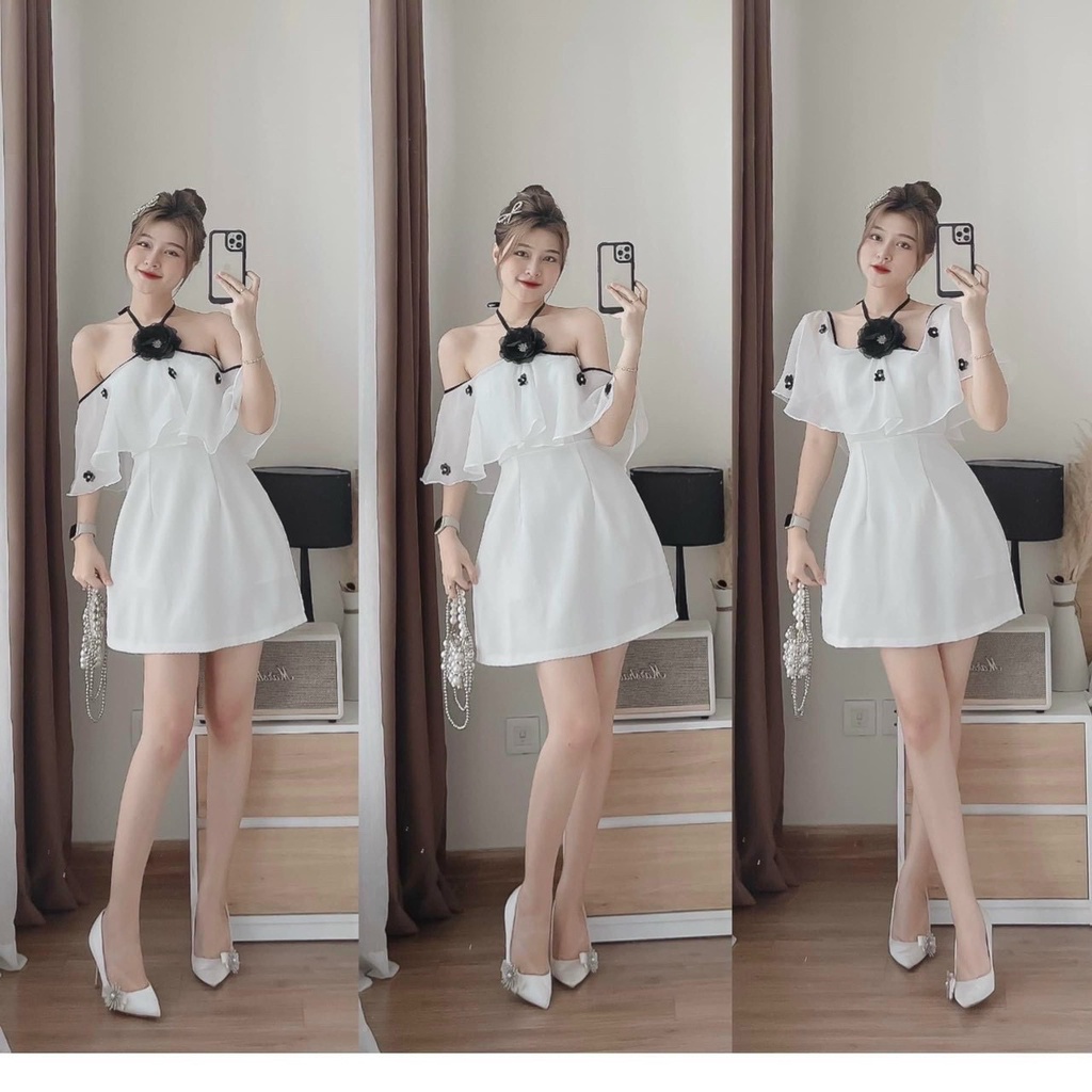 Váy đầm nữ bèo phối viền cài bông cổ 2 dây ( có mút ) chất cotton phối voan lụa xinh xắn