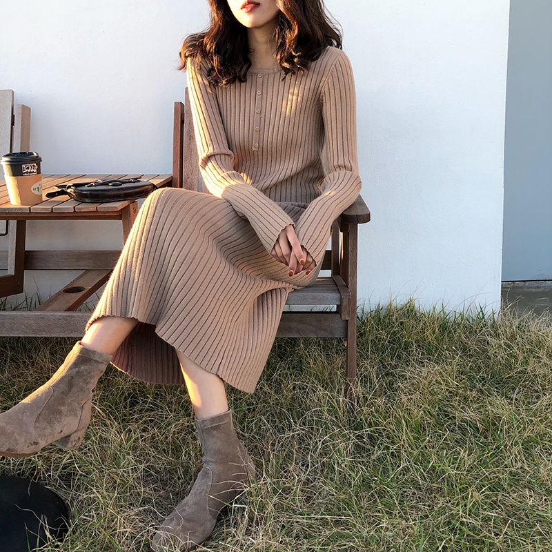Đầm SUXI dệt kim tay dài cổ tròn ôm dáng vừa vặn phong cách vintage thời trang mùa thu thường ngày dành cho nữ