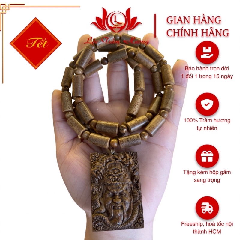 Bộ dây chuyền trầm hương tự nhiên kèm mặt quan công phong thuỷ bình an cho gia chủ