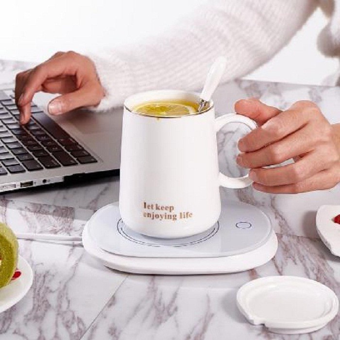 Cốc Hâm Nóng Đồ Uống Kèm Đế Điện Làm Nóng Trà, Cafe, Hâm Sữa + Tặng Kèm Thìa Vàng, Hộp