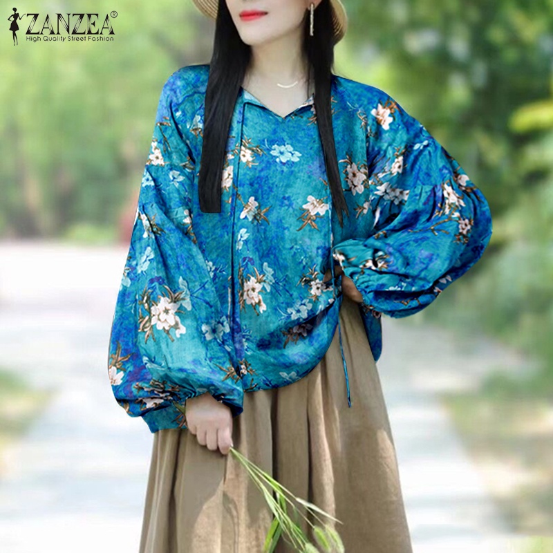 Áo kiểu ZANZEA cổ tròn tay phồng cột dây dáng rộng in họa tiết xinh xắn thời trang cho nữ
