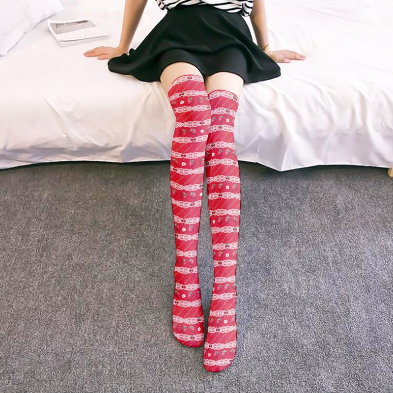 Vớ Dài Qua Gối In Họa Tiết Trái Dâu Phối Ren Phong Cách Lolita Nhật Bản Cho Nữ