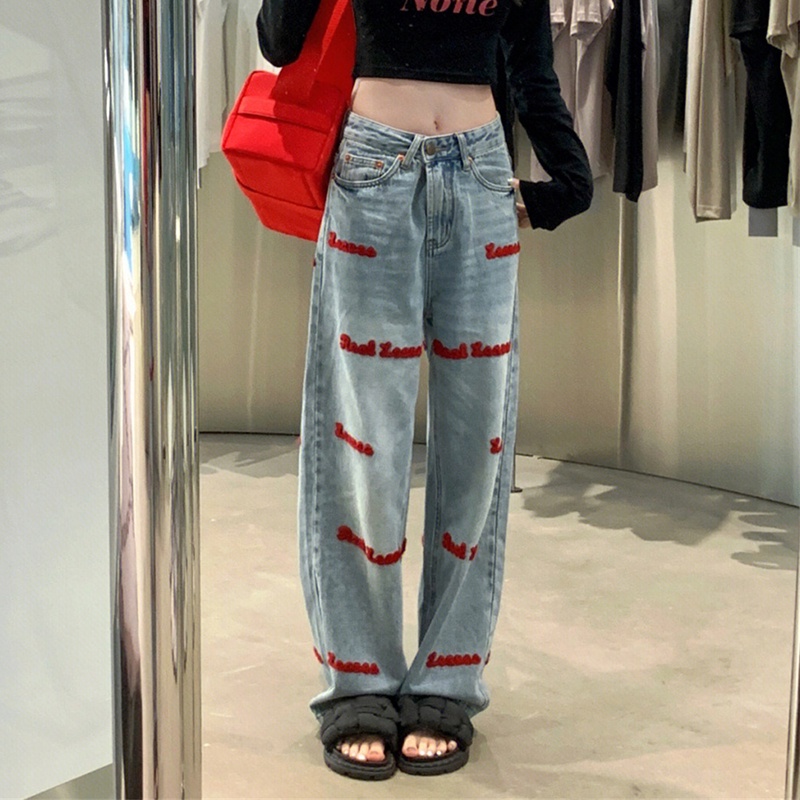 IELGY  IELGY Quần jeans Nữ Lưng Cao Thêu Chữ Tiếng Anh