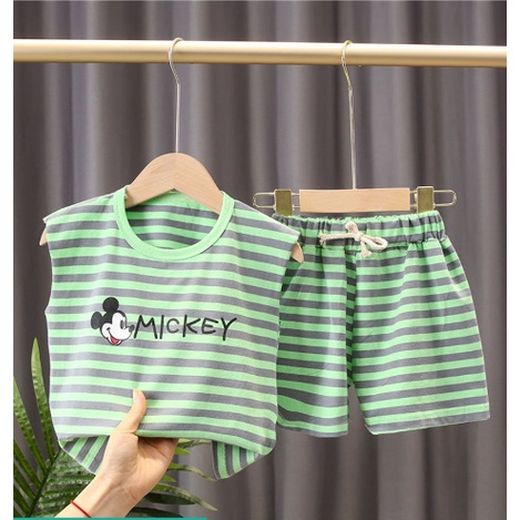 Bộ Sát Cho Bé Gái, Bộ Ba Lỗ Kẻ In Hình Micky Cho Bé Trai, Bé Gái Chất Cotton từ 7-26kg - BE KOREA