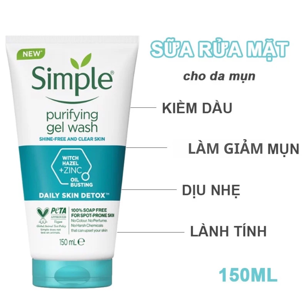 Sữa rửa mặt Simple Purifying Gel Wash Shine Free And Clear Skin 150ml giảm bóng nhờn, giảm mụn