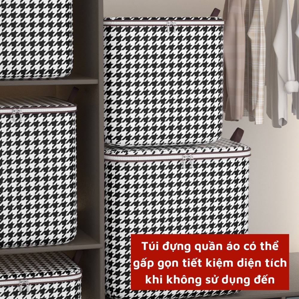 Giỏ đựng quần áo chăn màn có thể gấp gọn bằng vải cỡ lớn hoạ tiết caro, dung tích 100L