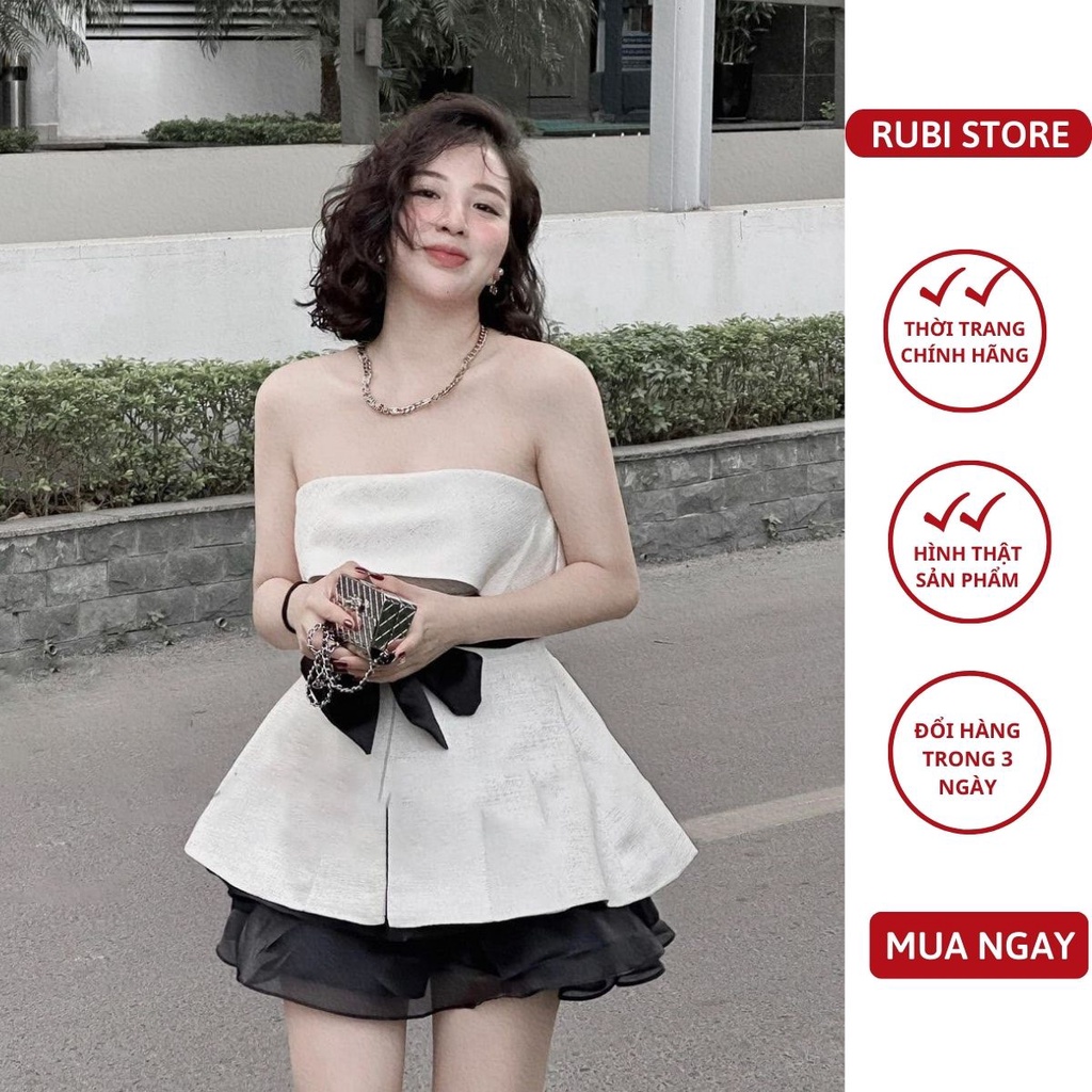 V66 - Set thiết kế LINH RUBI STORE áo trễ vai nơ eo chất tac ta phối chân váy tầng xòe ngắn