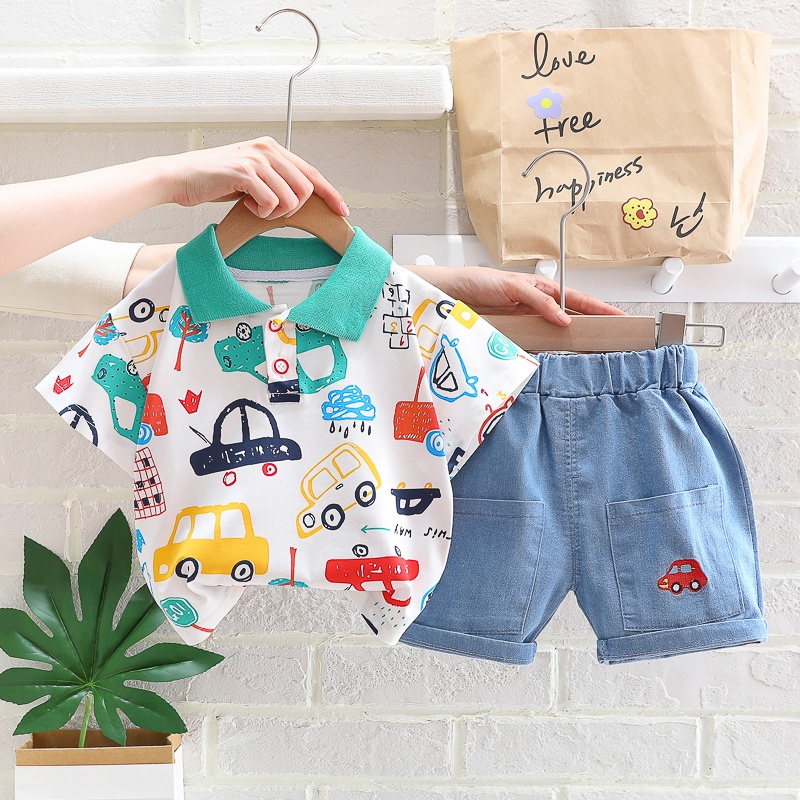 Mới Bộ Áo Sơ Mi Ngắn Tay In Hình Xe Hơi + Quần Jeans Cho Bé Trai