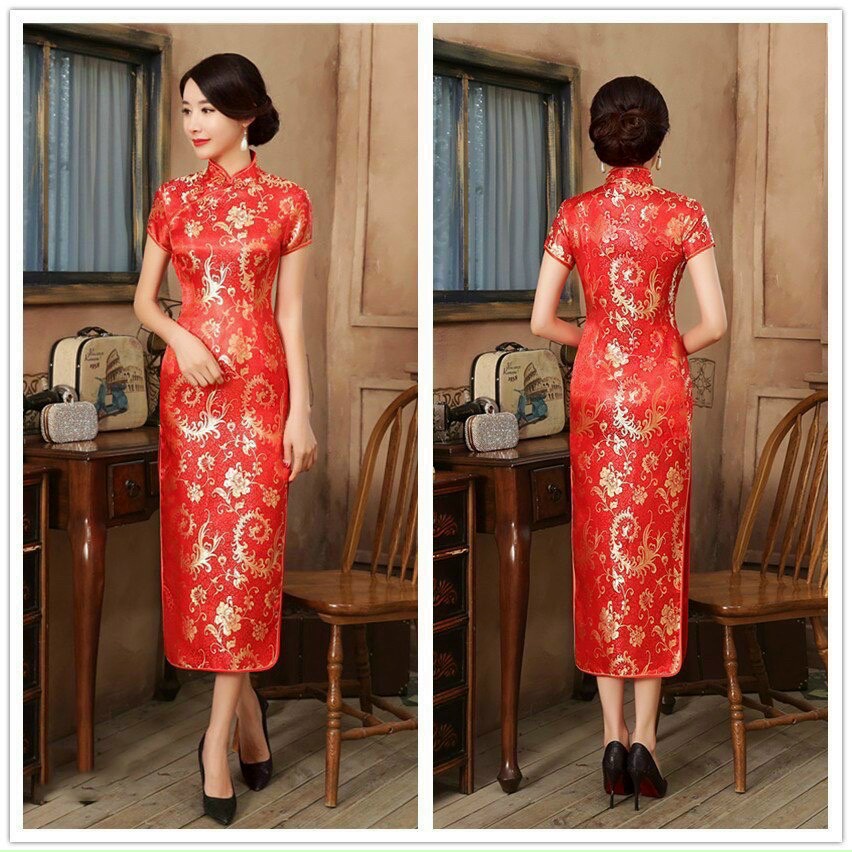 Đầm cổ tàu sườn xám dài in hoa đỏ xẻ tà cách tân - minthucloset