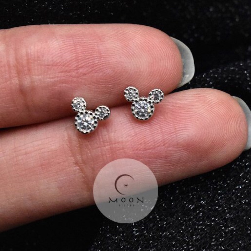 Khuyên tai bạc nữ. Bông tai bạc nữ 925 chuột Mickey đính đá