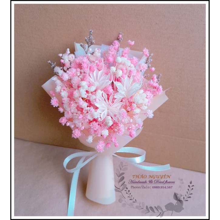 bó hoa khô mini baby hồng kết hợp hoa bát giác trắng xinh xắn làm quà tặng, trang trí không gian, phụ kiện chụp hình
