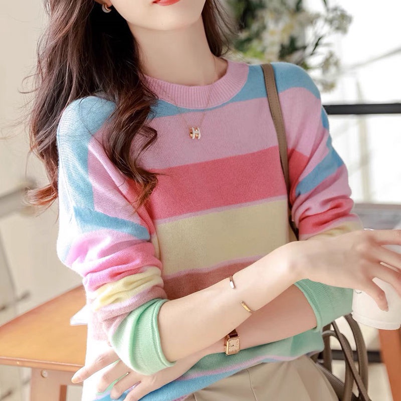 Áo sweater Mỏng Cổ Tròn Tay Dài Dáng Rộng Họa Tiết Kẻ Sọc Cầu Vồng Thời Trang Xuân Thu 2023 Mới