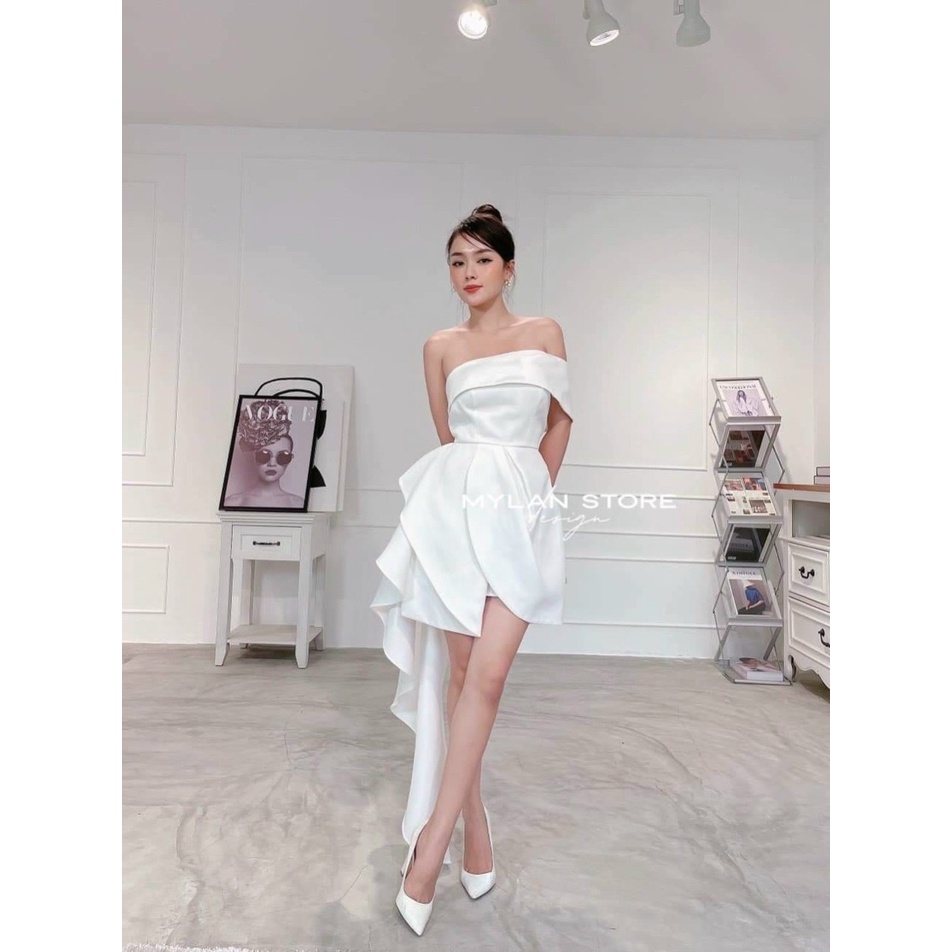Đầm nữ thời trang mặc đi chơi chất tapta lệch vai cúp ngực cót mút váy phối chéo tà có lót trong cao cấp