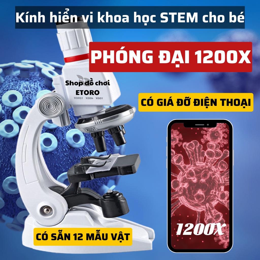 Kính Hiển Vi Khoa Học STEM Phóng Đại 1200X Có Giá Đỡ Điện Thoại Và 12 Mẫu Vật Tự Nhiên Dành Cho Bé Khám Phá