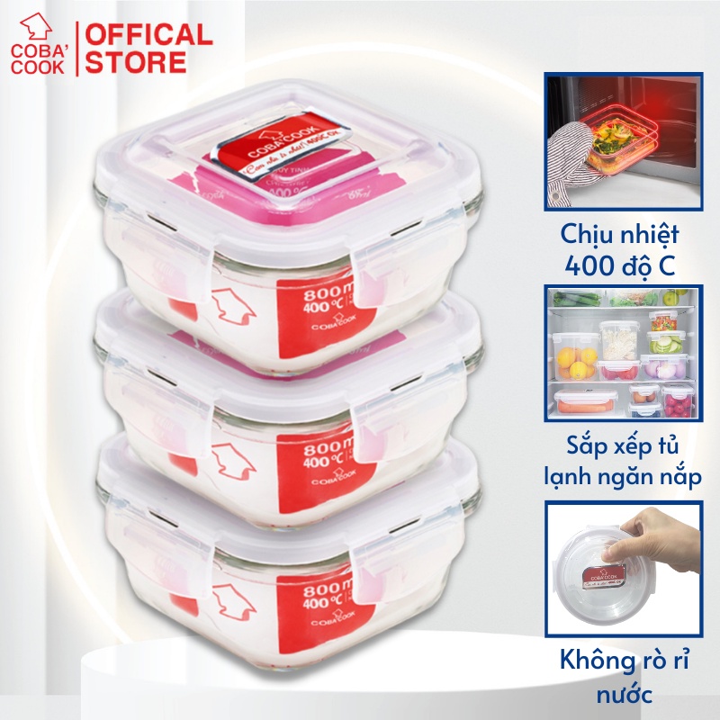 Bộ hộp bảo quản thủy tinh COBACOOK hộp hình vuông dung tích 800ml- CCS83