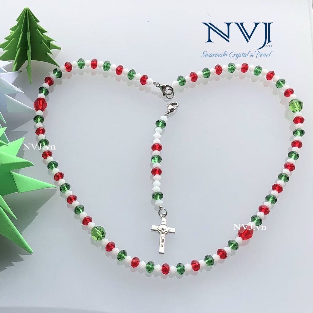Quà tặng Giáng Sinh Pha lê Swarovski cao cấp – Vòng cổ kèm Chuỗi Mân Côi 50 hạt bánh cam 6ly màu xanh lá & đỏ, trang sức
