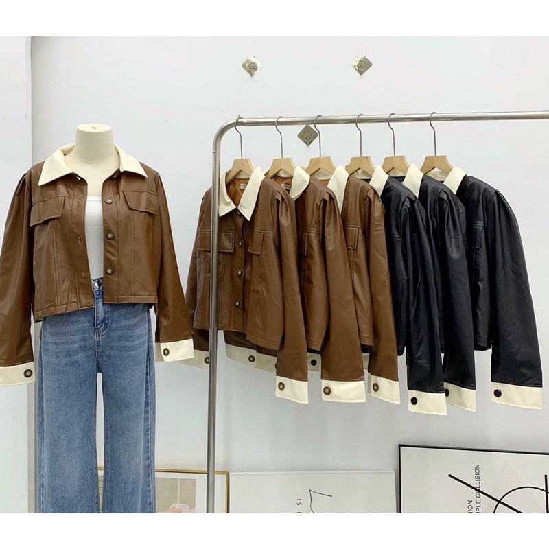 ÁO KHOÁC DA PHỐI MÀU DÁNG NGẮN AKDTHP