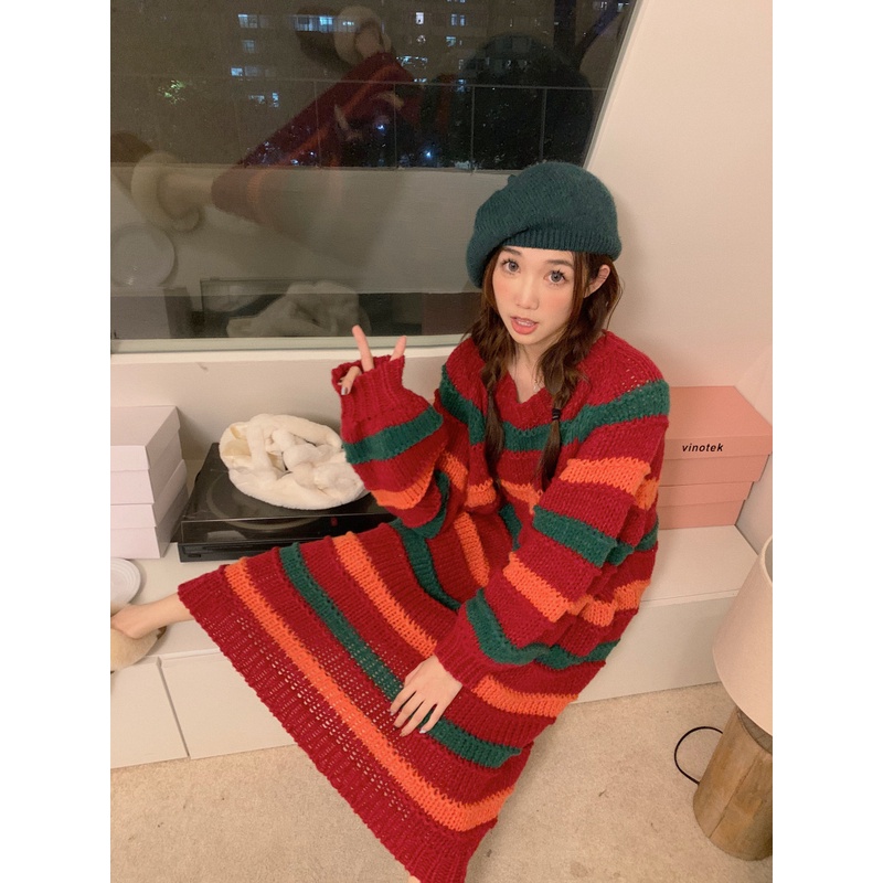 ZHELIHANGFEI Đầm Dệt Kim Tay Dài Cổ Tròn Dáng Rộng Họa Tiết Kẻ Sọc Phong Cách Nhật Bản Ngọt Ngào