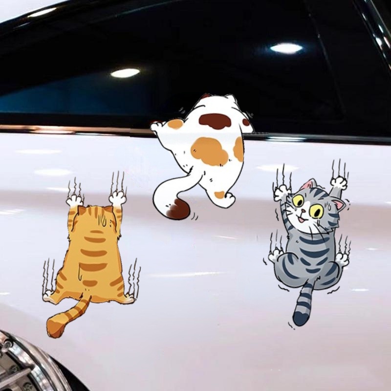 Bộ 3 Nhãn Dán Trang Trí Xe Hơi Tự Dính Không Phai Họa Tiết Hoạt Hình Mèo Leo Trèo Vui Nhộn