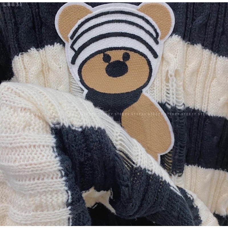 [Ảnh thật/Video] Áo len kẻ gấu cute form to rộnh Quảng Châu