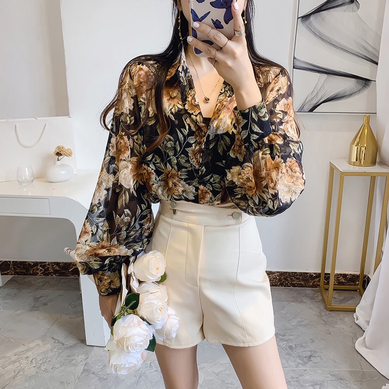 Áo Sơ Mi Chiffon Tay Dài Dáng Rộng In Họa Tiết Hoa Thời Trang Cho Nữ