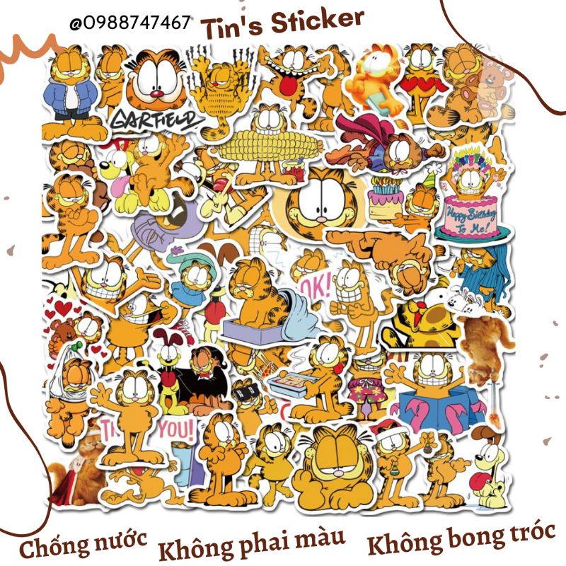 Set combo 50 miếng dán sticker hoạt hình mèo Garfield dễ thương dán nón mũ bảo hiểm laptop vali sổ sách xe máy đàn guita