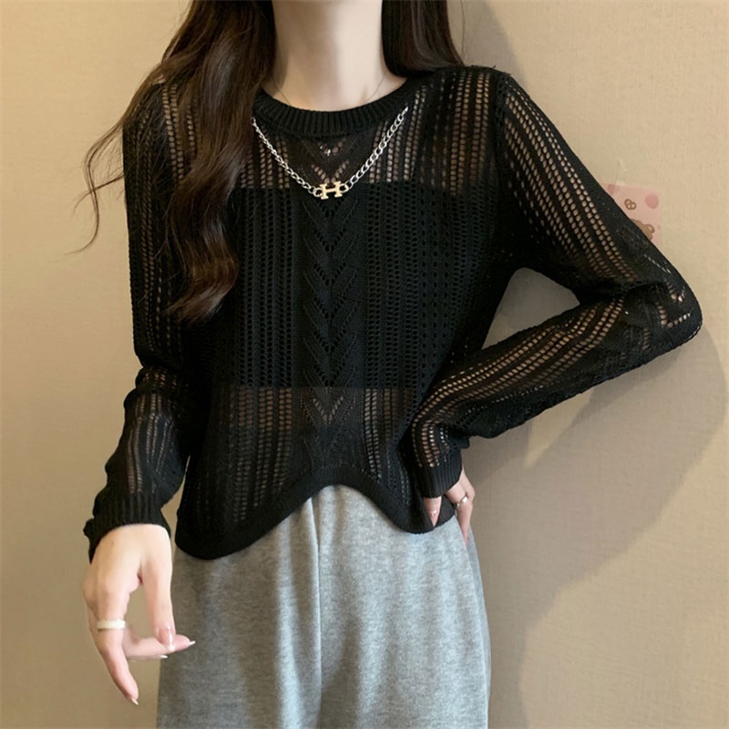 Áo Dệt Kim Tay Dài Cổ Tròn Họa Tiết Kẻ Sọc Thiết Kế Bất Đối Xứng Thời Trang Hàn Quốc Cho Nữ