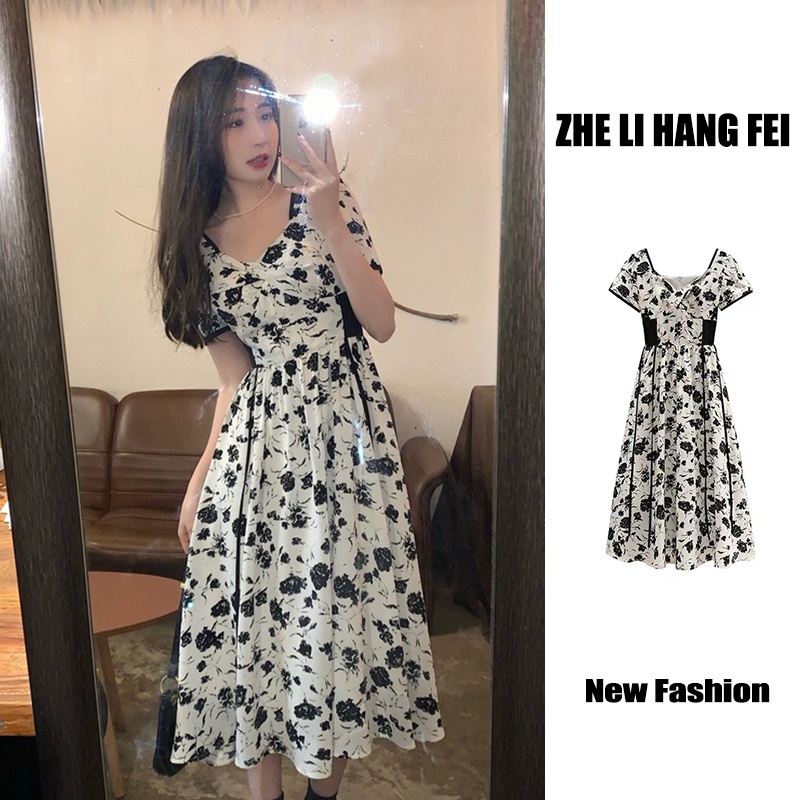 Đầm ZHELIHANGFEI dáng dài qua đầu gối chiffon có khóa kéo in họa tiết hoa nhỏ chất lượng cao xinh xắn