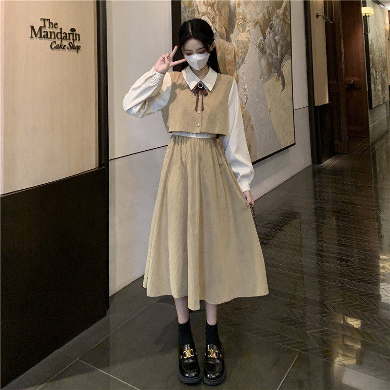 🎀váy babydoll dáng dài váy mùa đông cho nữ váy dài Đầm Giả Hai Mảnh Dáng Dài Phối Nơ Phong Cách Pháp Cổ Điển Mẫu Mới 2022