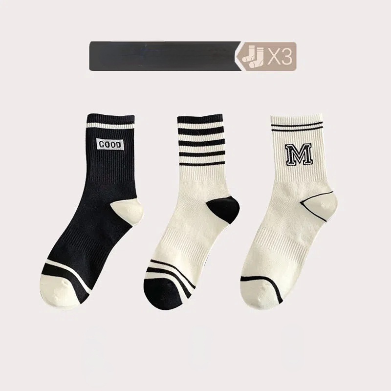 Vớ Cotton Cổ Cao Họa Tiết Sọc Caro Trắng Đen Phong Cách Hàn Quốc Cho Nữ jp5