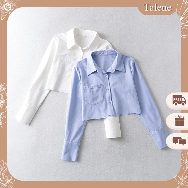 Áo Sơ Mi Nữ Croptop Thiết Kế Dài Tay Form Rộng Phối Túi Ngực Phong Cách Ulzzang Thời Trang Talene SO MI NU 029