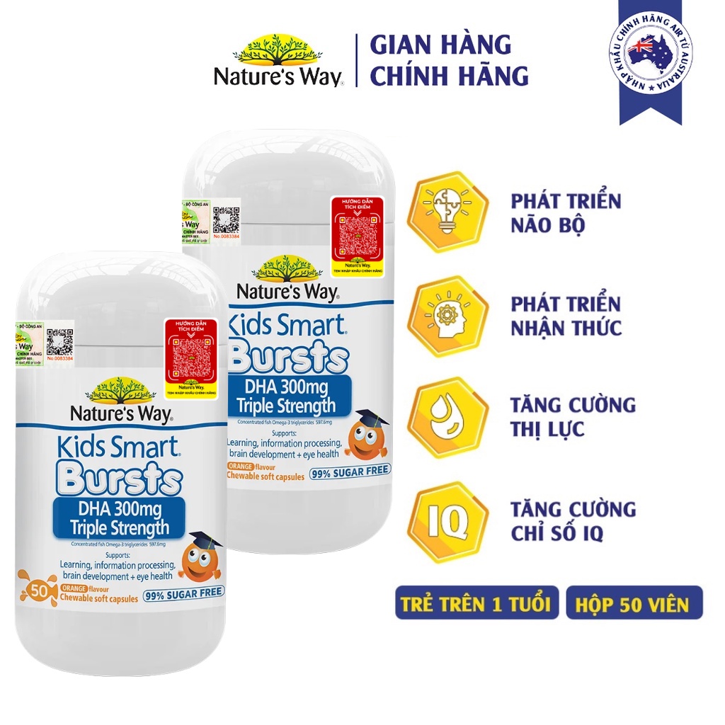 Combo 2 Hộp Viên Nhai Kids Smart DHA 300mg Triple Strength NATURE'S WAY Phát Triển Não Bộ Và Mắt Khỏe Mạnh 50 Viên/hộp